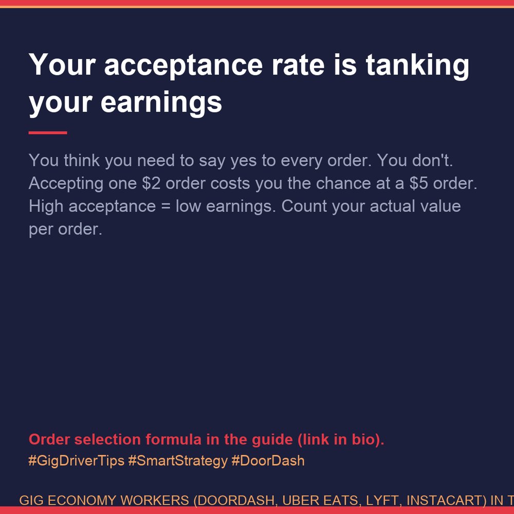 Bey_Majii's tweet photo. You think you need to say yes to every order.
You don't.
Accepting one $2 order costs you the chance at a $5 order.
High acceptance = low earnings.
Count your actual value per order.
#GigDriverTips #SmartStrategy #DoorDash https://t.co/oq4ucVo4Mb