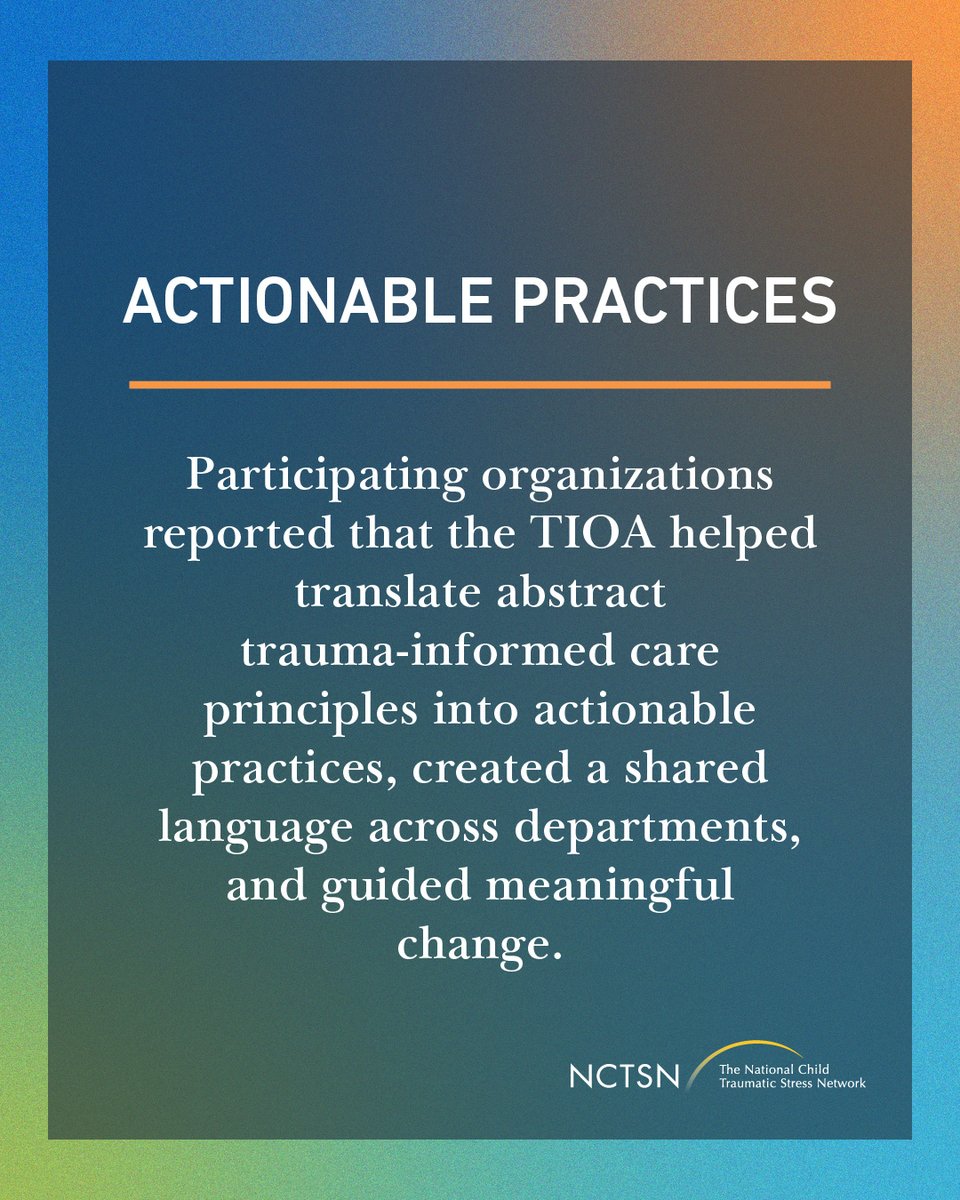 nctsn's tweet photo. The NCTSN Trauma-Informed Organizational Assessment (TIOA) has helped many organizations implement essential #traumainformed changes to better serve children and families. How could the NCTSN TIOA be the right fit for your organization? Learn more: https://t.co/D63nUU6DdC https://t.co/eeKVKG5jPf