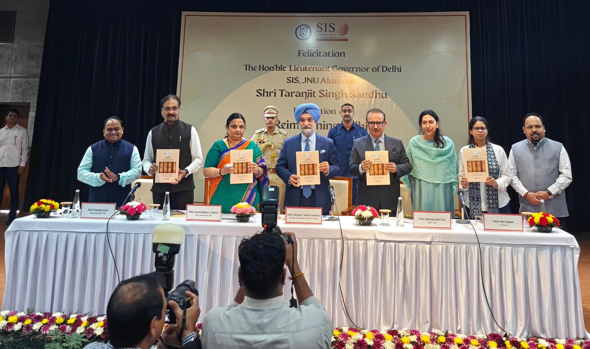 spsrichandan's tweet photo. At the felicitation ceremony, the Lieutenant Governor of Delhi and JNU alumnus Shri Taranjit Singh Sandhu released the Summer 2026 edition of Visvaniti, a Quarterly Review from the SIS, JNU. Delighted to be a part of its editorial team. https://t.co/xGUquJQs9g