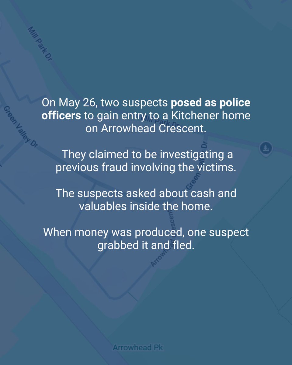 WRPSToday's tweet photo. We are investigating a robbery in Kitchener where suspects posed as police officers to gain entry to a residence.

If you are unsure someone is a police officer, do not let them in. Call 519-570-9777 to verify before taking any action.

Check in on family members, friends, and neighbours and share this information to help keep them safe.

Details: https://t.co/8QP6zDAnez

WA26076256
