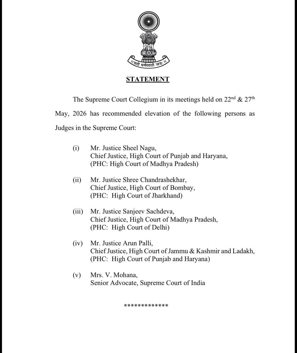 CSSforum_'s tweet photo. Supreme Court Collegium recommends elevation of Justice Sheel Nagu, Justice Shree Chandrashekhar, Justice Sanjeev Sachdeva, Justice Arun Palli and Senior Advocate V. Mohana as Judges of the Supreme Court.

#SupremeCourt https://t.co/ld5r15UtlZ