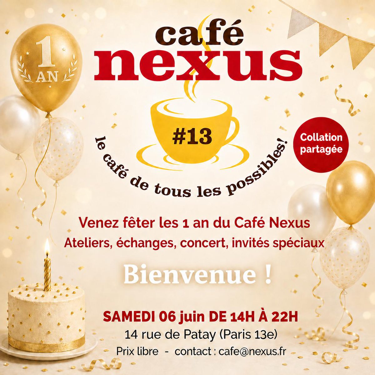 MagazineNexus's tweet photo. Venez fêter les 1 an du Café Nexus ! Ateliers, invités surprise, concert, soirée spéciale... Retrouvez-nous au 14 rue de Patay (Paris 13) de 14 h à 22 h pour profiter ensemble et célébrer cette aventure.

📣 Le premier Festival Nexus aura lieu les 27 et 28 juin 2026 près de Dole. Accès limité ! Réservez votre place dès maintenant :
👉 https://t.co/Gt8XozB09L

📕 Le dernier magazine Nexus est disponible ici :
→ Plus d’infos : https://t.co/JqP8LXoBbP
→ Pour vous abonner : https://t.co/wdeI59Q7AT

🚫 On ne vend pas notre voix : 0 sponsor, 100% indépendant.
→ Pour nous soutenir : https://t.co/hceb5t6QzU

💬 Un média seul s’éteint. Une communauté résiste.
Rejoignez-nous sur :
→ Spotify : https://t.co/0hZmrEmTbN
→ Discord : https://t.co/OZ4E9LgEMW
→ Notre newsletter : https://t.co/lYHTbzmCYa
→ Nos réseaux sociaux : https://t.co/hpnFh53W9q