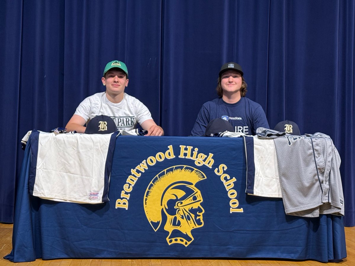 BrentwoodBoroSD's tweet photo. Kudos to Brentwood HS seniors Michael O’Leary and Blaize Dias, who have signed to continue their academic and athletic careers in college!
Both will continue their baseball careers, Michael at @PointParkSports and Blaize at @pennstatega . Congratulations, #Spartans! #BBSD https://t.co/dTJuqXXNzZ