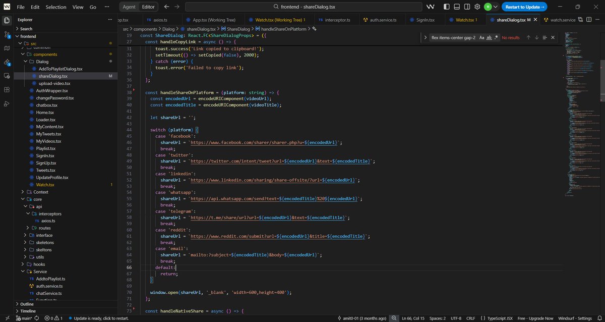 _a_m_i_t_1's tweet photo. Day 695 of #700DaysOfCode
Integrated third-party APIs to enable seamless share functionality in my YouTube platform.
#WebDevelopment #FullStackDeveloper #ReactJS #NodeJS #MongoDB #JavaScript https://t.co/vsMIU7NX4k