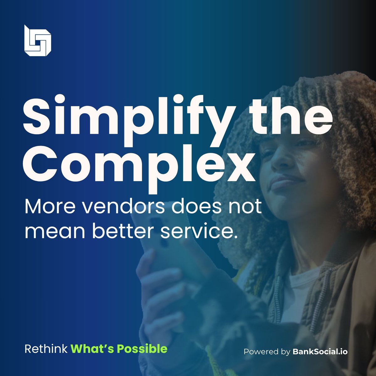 BANKSOCIALio's tweet photo. More vendors does not mean better service.

It means more integration debt, more compliance overhead, and a customer experience held together by workarounds.

One orchestration layer changes the math.

#bsl #banksocial #fintech #bank #creditunion https://t.co/iHCnbDxL9P