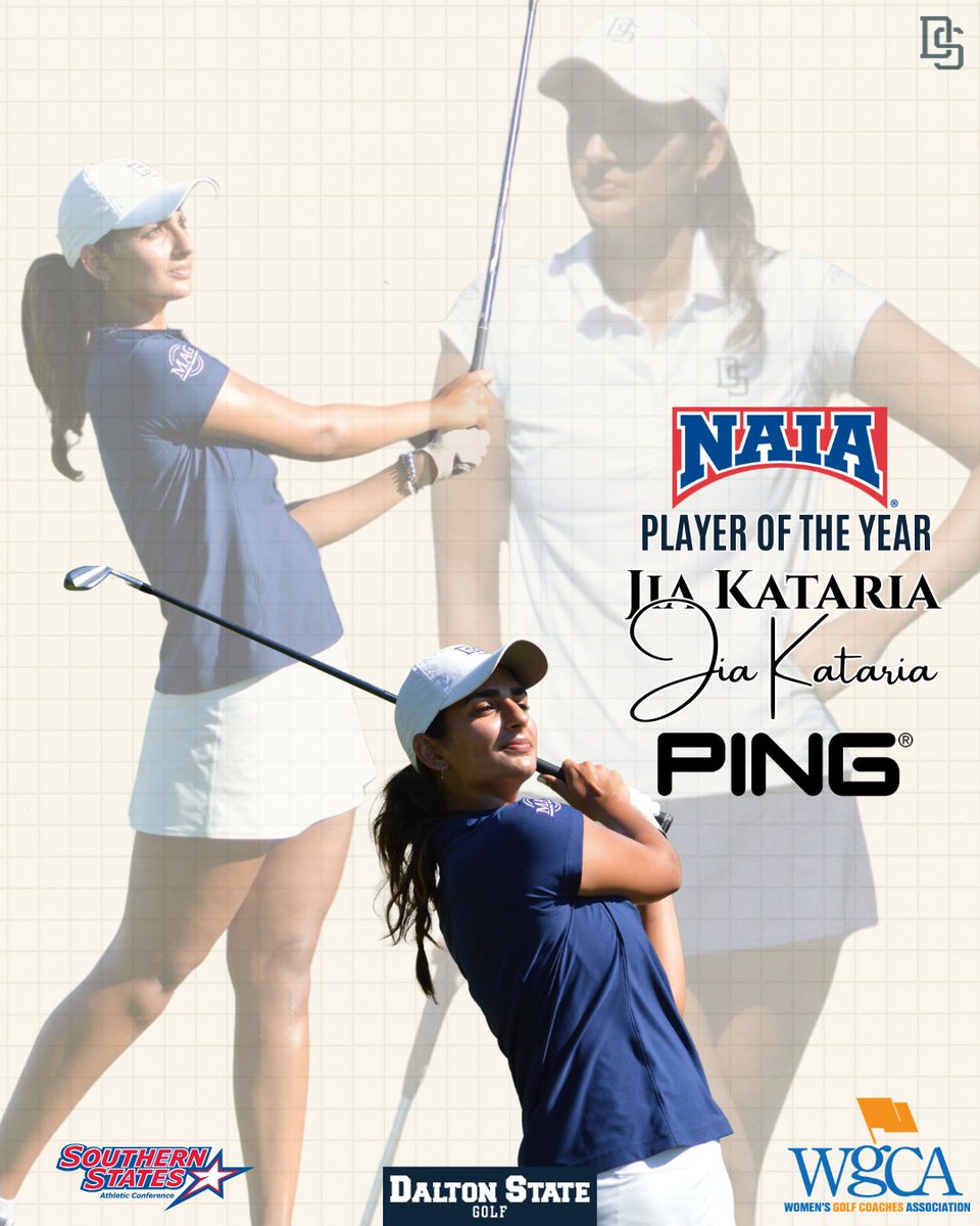 DaltonStateGolf's tweet photo. NAIA Ping WGCA Player of the year!

Jia Kataria has been named national player of the year by the Women’s Golf Coaches Association!

#BeepBeep #Golf #Roadrunners https://t.co/uMiMsFrnT4
