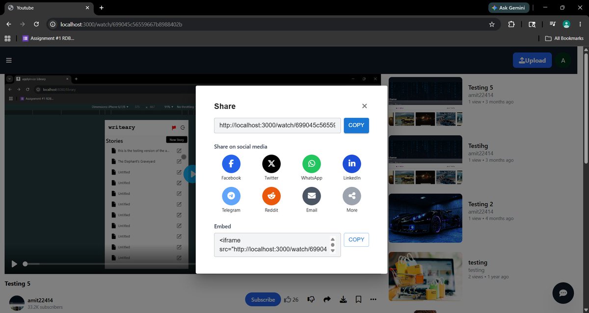 _a_m_i_t_1's tweet photo. Day 695 of #700DaysOfCode
Integrated third-party APIs to enable seamless share functionality in my YouTube platform.
#WebDevelopment #FullStackDeveloper #ReactJS #NodeJS #MongoDB #JavaScript https://t.co/vsMIU7NX4k