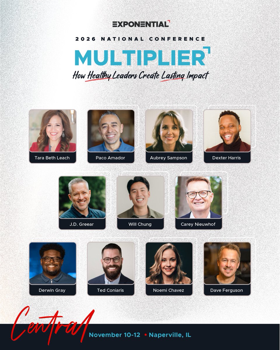 exponentialus's tweet photo. This fall at Exponential National Conferences, we’re gathering leaders from across the country around this year’s Multiplier theme: How Healthy Leaders Create Lasting Impact

Speakers are confirmed for our Central Conference happening in Naperville, IL on November 10–12!

Join Carey Nieuwhof, Dexter Harris, Tara Beth Leach, Paco Amador, Will Chung, Ted Coniaris, Derwin Gray, J.D. Greear, Noemi Chavez, Aubrey Sampson and Dave Ferguson.

Right now, registration is still available at the $99 rate, but that deadline ends this week on May 28 at 11:59 p.m.