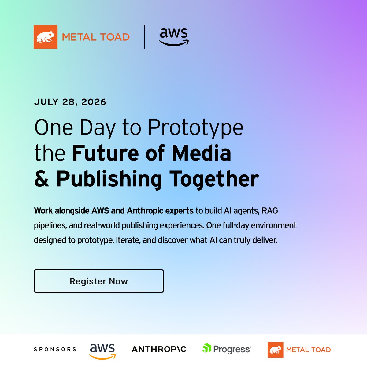 metaltoad's tweet photo. Future of Media &amp; Publishing Together in one hackathon, secure your spot today:
https://t.co/Sttlr1SkbD

#newyork #nyc #hackathon #nychackathon #aws #awshackathon #metaltoad https://t.co/1BzShnfsb8