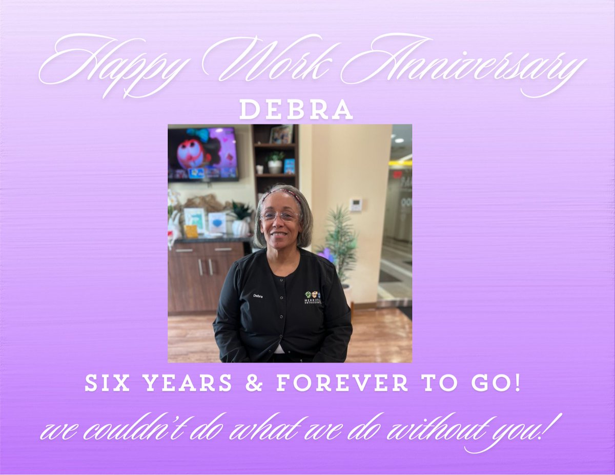 MerrifieldOrtho's tweet photo. Happy Sixth Work Anniversary to our one and only Debra!  We love you, Debra, cheers to many more years! #merrifieldorthodontics #merrifieldorthodonticsteam #mosmiles #mosmilesteam #bestteamever #keepsmiling https://t.co/hhDnsq5K6d