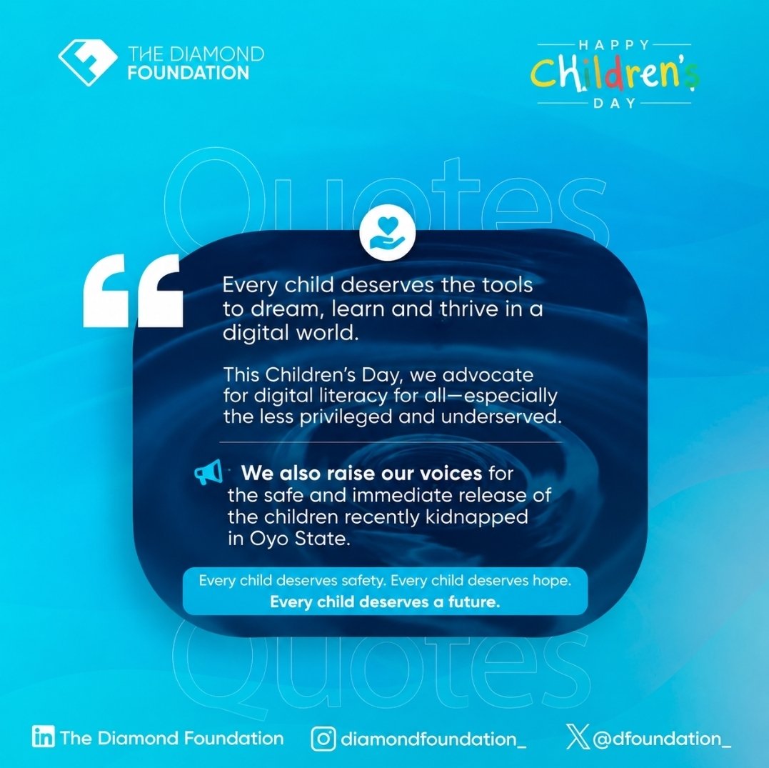 tdfoundation_'s tweet photo. Happy Children’s Day 💙
Every child deserves digital literacy, opportunity, safety, and hope.

Today, we also raise our voice for the safe and immediate release of the children kidnapped in Oyo State.

Every child deserves a future.

#ChildrensDay #DigitalLiteracy #OyoState https://t.co/ZWNSnxbW0W