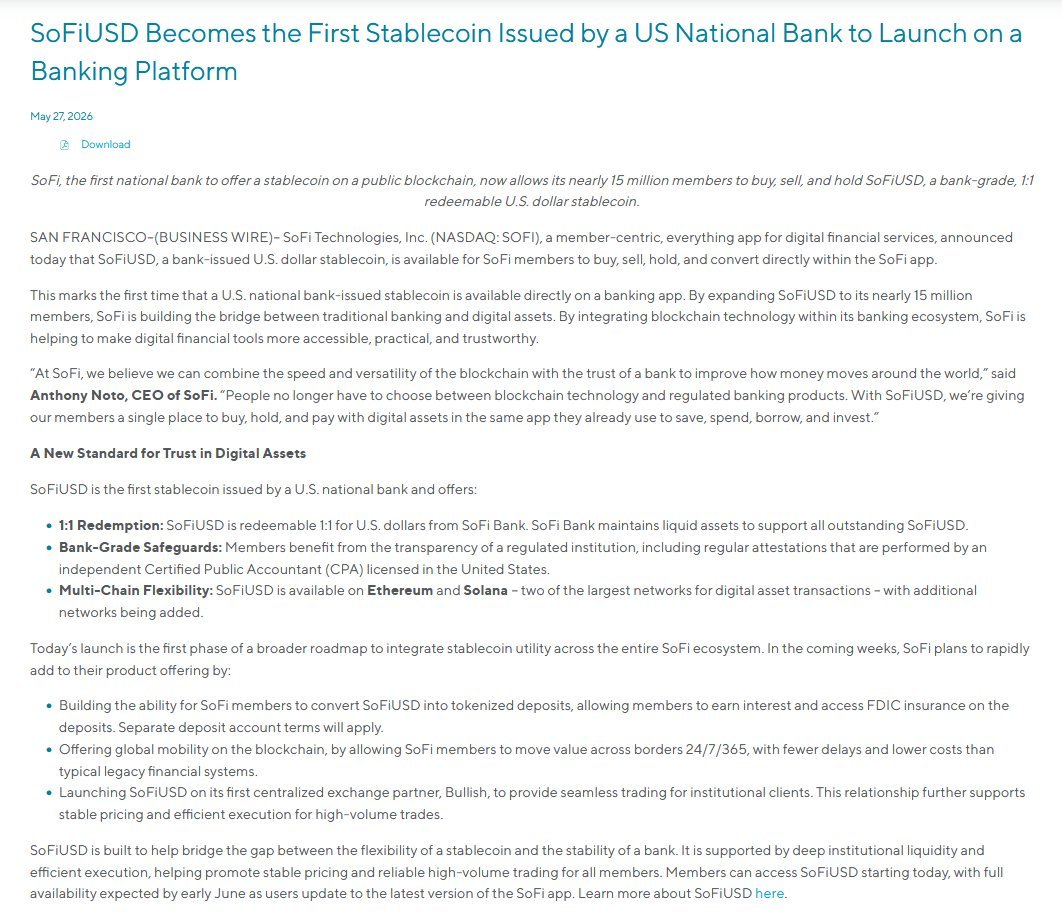 Coin_Gage's tweet photo. $SOFI
 quietly dropped a massive milestone:

SoFiUSD is now the first stablecoin issued by a U.S. national bank available on a banking platform.

Not just another crypto headline.

This is regulatory + fintech + banking convergence happening in real time 🔥 https://t.co/B2o2BAb7hk