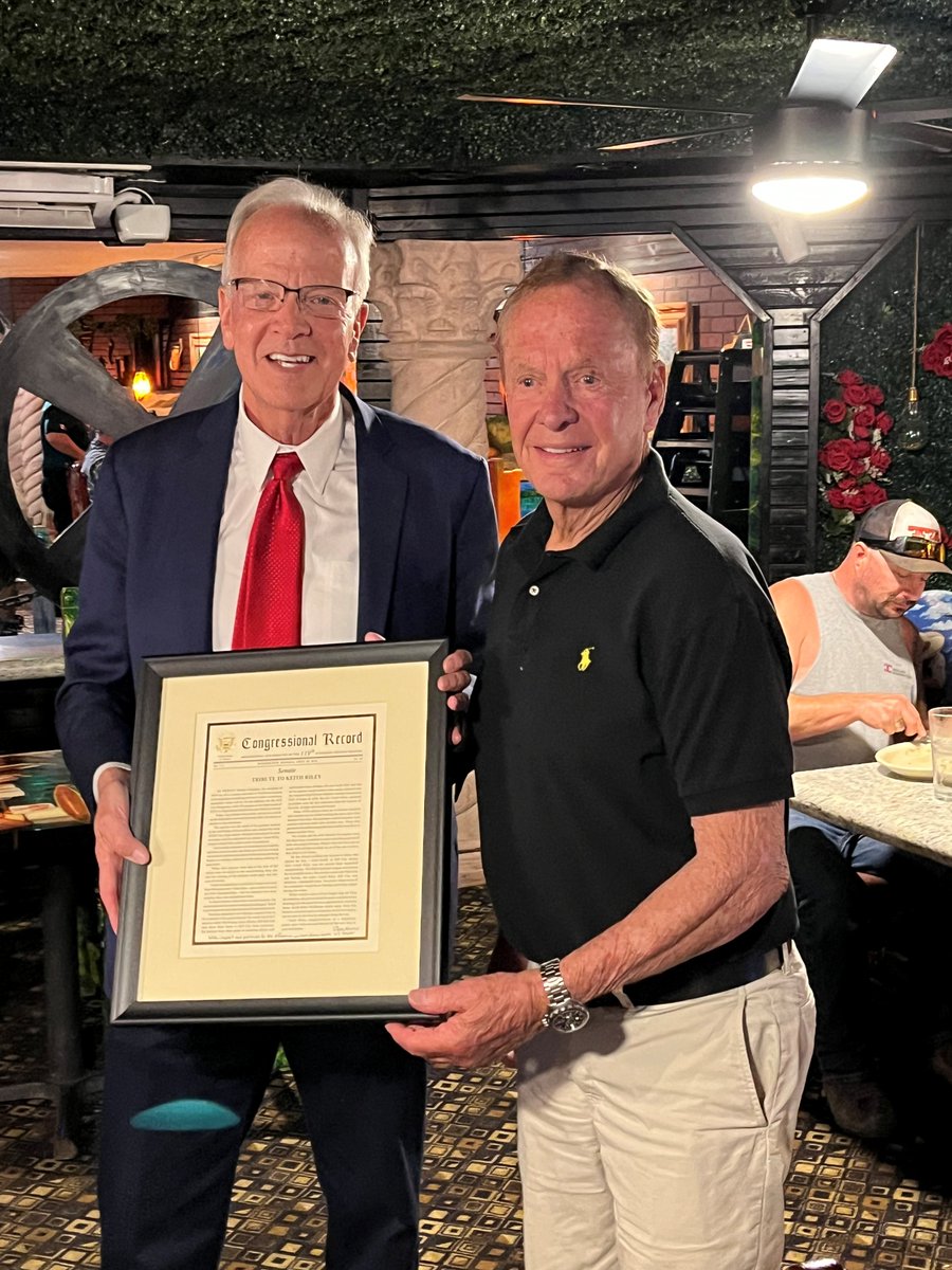 JerryMoran's tweet photo. After 58 seasons as the head coach of @HillCityHigh, Keith Riley has officially retired. I recently delivered remarks on the Senate floor to pay tribute to his decades of coaching, teaching & mentoring Hill City students. Yesterday, I presented the framed Congressional Record to Coach Riley & his wife, Merriel, during a Hill City Rotary Club meeting.

While he has achieved many wins & state titles throughout the years, his true legacy can be seen in the lives he changed along the way. Coach Riley, congratulations on a legendary career. I wish you & Merriel all the very best in your retirement.