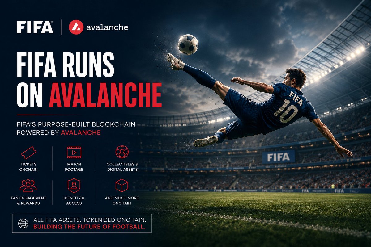 jonycsarker's tweet photo. FIFA World Cup 2026 starts June 11 and most people still sleeping on what already happened.
FIFA already launched its own purpose-built blockchain on Avalanche. Tickets, match footage, collectibles, fan assets and eventually entire FIFA digital economy can move onchain on their own sovereign Avalanche powered chain.

This is exactly why Avalanche architecture built different. Global organizations dont want to run billion or trillion dollar ecosystem forever on shared public blockspace. They want own chain, own rules, own validators and guaranteed performance.

There is no escape for Avalanche. 🔺