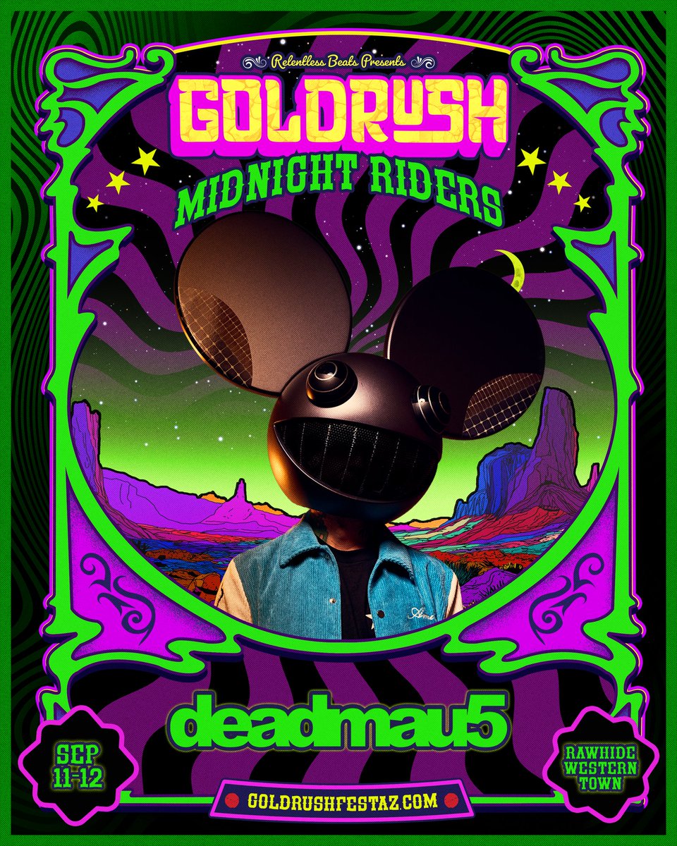 GoldrushFestAZ's tweet photo. #CanYouDigIt โ๏ธ Deadmau5 is ridinโ into Goldrush ๐ญ๐ One of dance musicโs most iconic names is bringing the sound, legacy, and set built for the desert.
Payment plans available!
Early access presale begins Thursday at 10am PT
Signup now at https://t.co/hyMf1ieN5z https://t.co/GxtehTmrlb