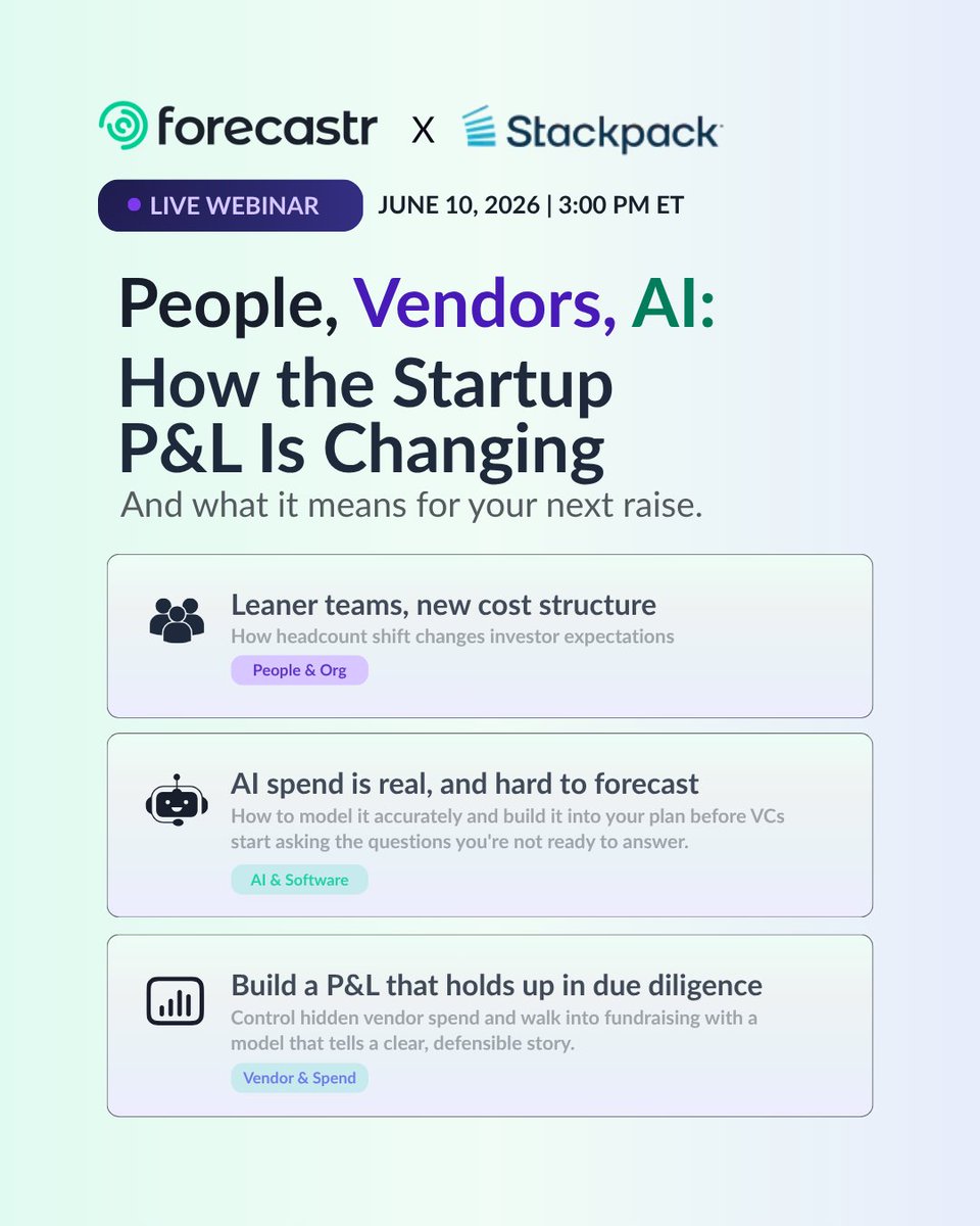 forecastr's tweet photo. Your P&L looks different than it did two years ago. Headcount is down. AI spend is up. Vendors are filling the gaps. And investors? They're asking questions founders aren't ready to answer.

We're hosting a free live webinar to break it all down.

People, Vendors, AI: How the Startup P&L Is Changing and What It Means for Your Next Raise

📅 June 10, 2026 | 3:00 PM ET

We'll show you how to model the new cost structure, forecast your AI spend before VCs start digging, and build a P&L that holds up in due diligence.

Register free → https://t.co/AVcYibKWtG

#Forecastr #FinancialModeling #ForecastWithConfidence #StartupFounders #FundraisingTips