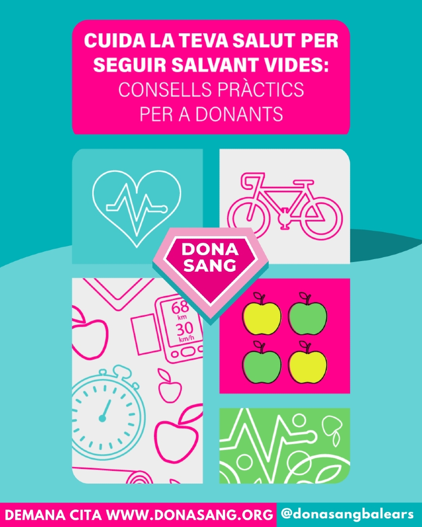 donasangbalears's tweet photo. ✨ Tenir hàbits saludables no només és bo per a tu, també ajuda quan véns a donar sang:
🥗 Alimentació equilibrada
🏃 Activitat física
😴 Descans adequat
Cuida’t i podràs cuidar a molts pacients ❤️
📲 Demana cita https://t.co/bK98XzsFkx
#Salut #DonaSang #Cuida't https://t.co/glsnUUoQCZ