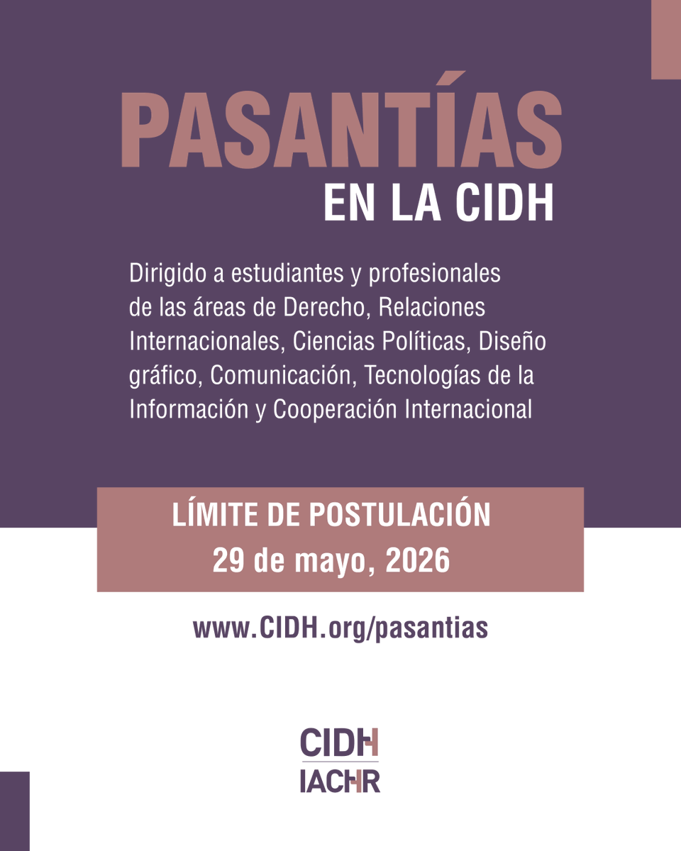 CIDH's tweet photo. No pierdas la oportunidad de aplicar al programa de pasantía de otoño en la #CIDH. Adquiere experiencia en una organización internacional y conoce el trabajo que hace la Comisión para la defensa y protección de #DerechosHumanos.

📅 Aplica hasta el 29 de mayo 👉 https://t.co/L2SuMIl2hN
