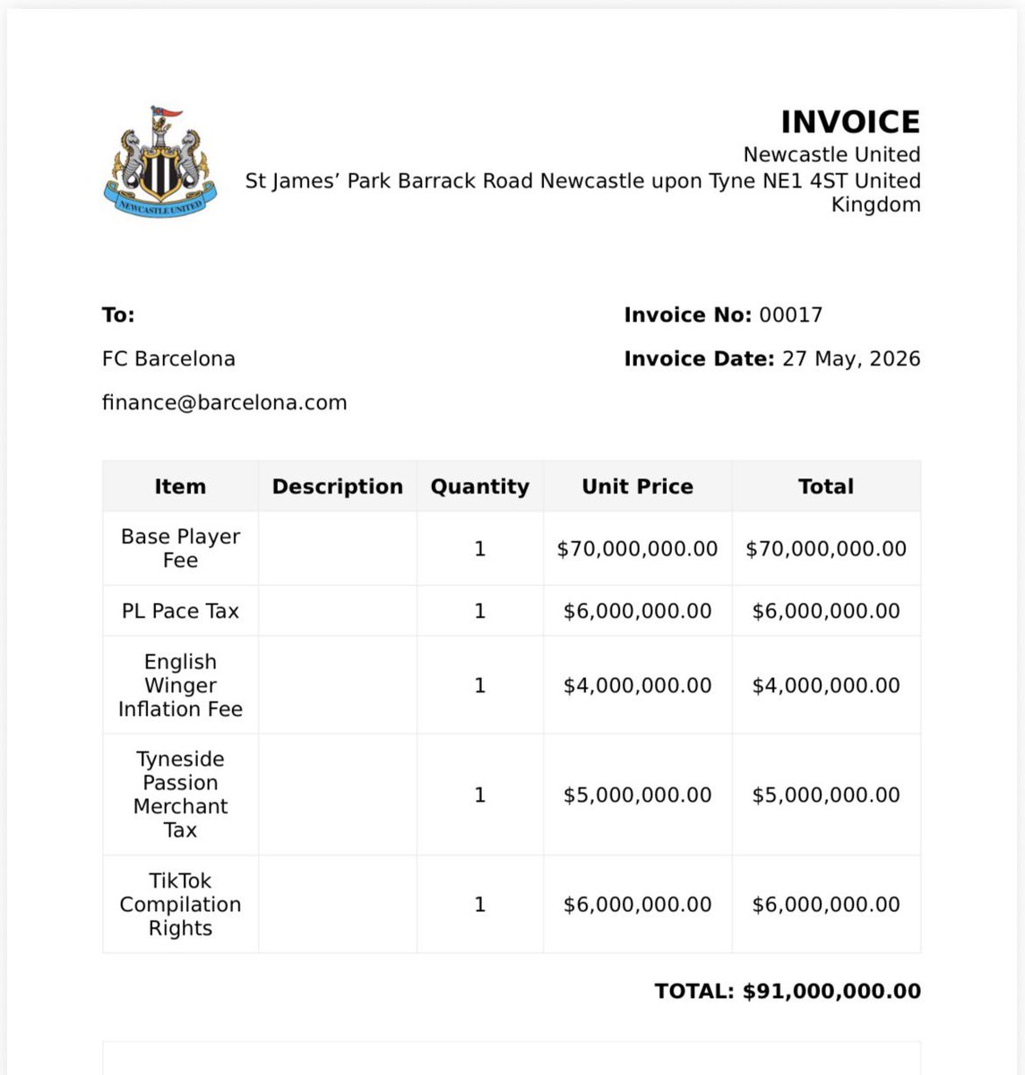 AvaSuite's tweet photo. POV: You are Newcastle United’s CFO, can’t have Laporta change his mind before legacy enterprise invoicing tool works….. https://t.co/mY7ZnXJkHm