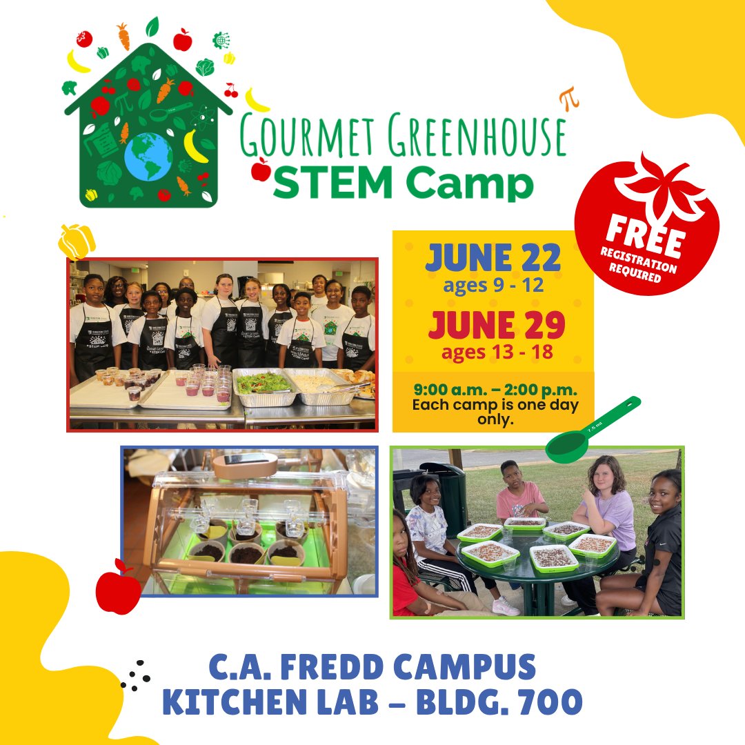 sheltonstate's tweet photo. SSCC will host the Gourmet Greenhouse STEM Camp June 22 and 29 at the C.A. Fredd Campus for students ages 9-18. The culinary camp is free to attend, but registration is required. 

Register ages 9-12: https://t.co/Bz081isAm8

Register ages 13-18: https://t.co/Fkl0mVujYf https://t.co/XqtVUfQTH0