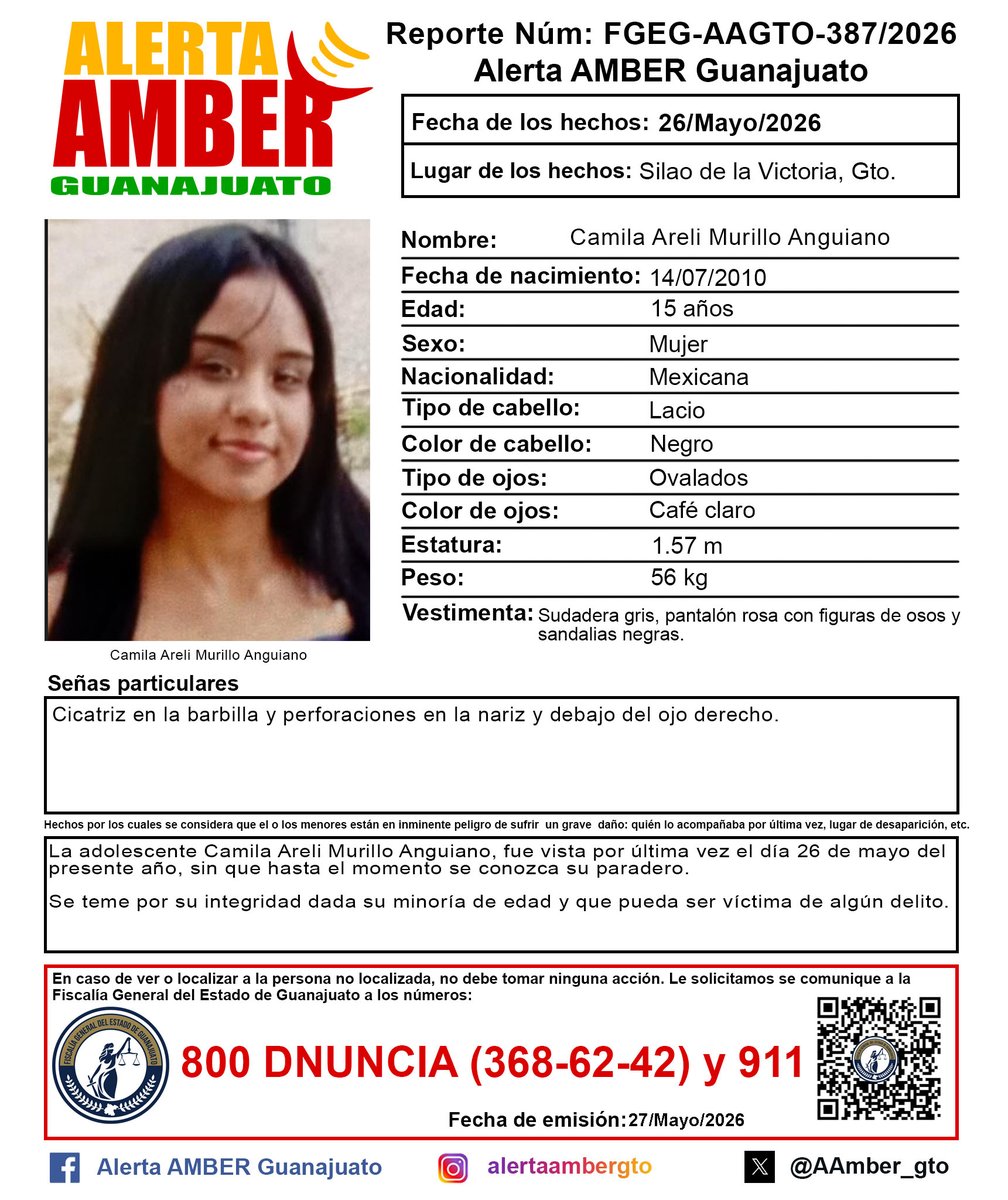 AAMBER_gto's tweet photo. Activación de la Alerta AMBER Guanajuato de la adolescente Camila Areli Murillo Anguiano de 15 años, Silao de la Victoria, Gto. ¡Ayúdanos a localizarla! https://t.co/hjPDnyzUYQ