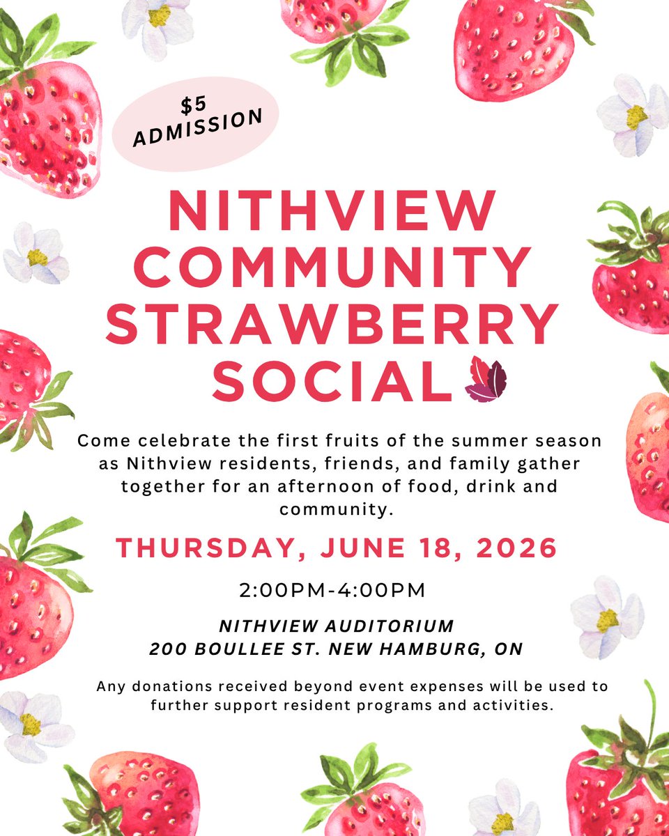 TCMHomes's tweet photo. 🍓 Join us for a sweet afternoon at our Strawberry Social!
📅 Thursday, June 18
⏰ 2:00 PM – 4:00 PM
📍 Nithview Auditorium
💲 Admission: $5.00
Any donations received beyond event expenses will be used to further support resident programs and activities. #TCMH https://t.co/bKXnuLwUT3
