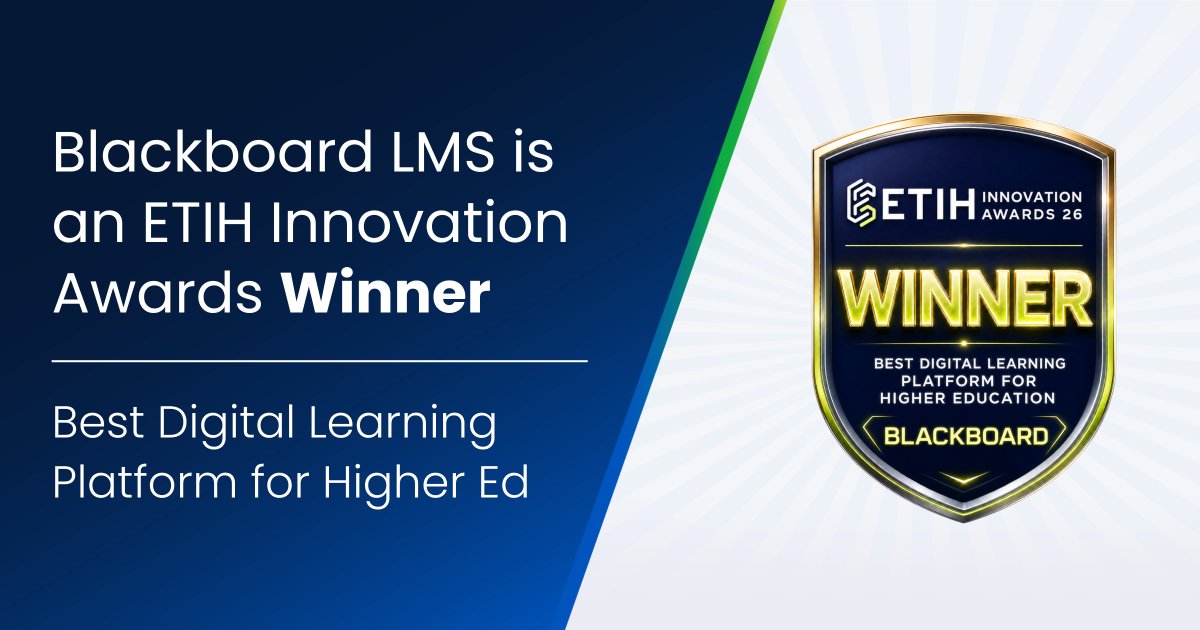 Blackboard's tweet photo. “Blackboard stood out because the entry connected AI innovation to the realities of higher education delivery.”  

Higher education doesn’t need more AI hype. It needs technology that actually helps institutions teach, support students, improve accessibility, and reduce workload at scale. 

That’s why Blackboard was named Best Digital Learning Platform for Higher Education at the inaugural @ETIH Innovation Awards 2026. 

Read on to see what the judges had to say. https://t.co/5FONOkyYr4