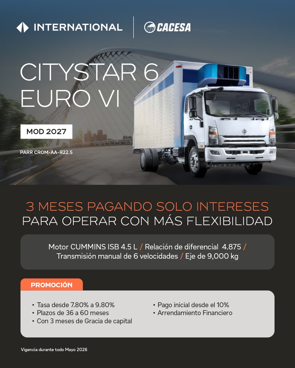 CACESAMX's tweet photo. 📦 En operaciones urbanas, el tiempo en ruta es oportunidad y el #CityStar6 Euro VI Mod. 2027 en #CACESA arranca con 3 meses pagando solo intereses para que la unidad produzca desde el inicio.

🚛Ideal para reparto, logística y distribución de alta demanda.

📅 Vigencia Mayo 2026 https://t.co/TuRG7FTDj2