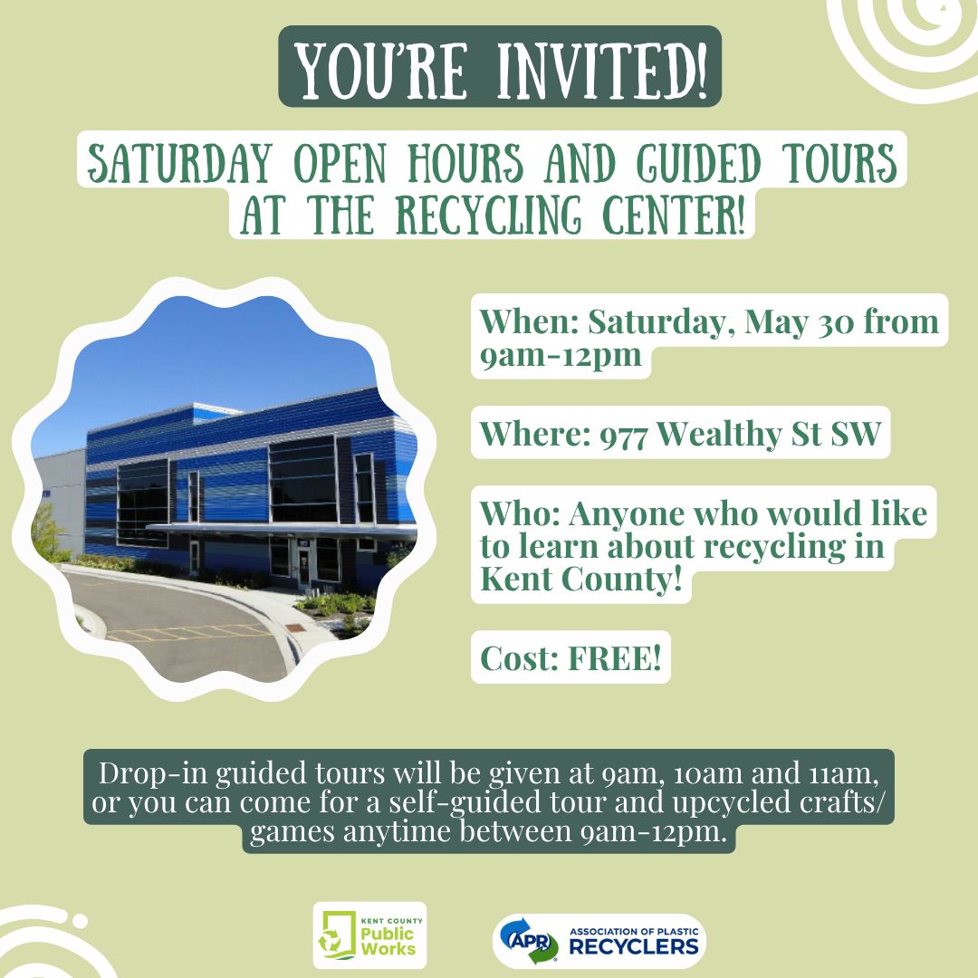 KentCountyMI's tweet photo. This Saturday! Come explore our Recycling &amp; Education Center during special open hours and join a guided tour  at 9am, 10am, or 11am. It will be a fun time for the whole family! Free  admission. https://t.co/dLJD0rCkp9