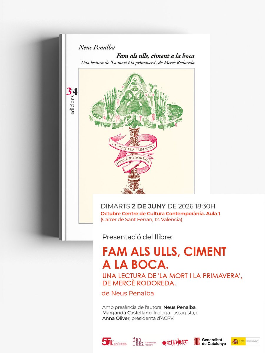 Editorial_3i4's tweet photo. Alerta, rodoredians de València!

Dimarts de la setmana que ve, dia 2 de juny a les 18.30h, presentació a l'Octubre de 'Fam als ulls, ciment a la boca', de Neus Penalba. Amb Margarida Castellano i Anna Oliver. 

Us hi esperem! https://t.co/o0MjO9a7X4