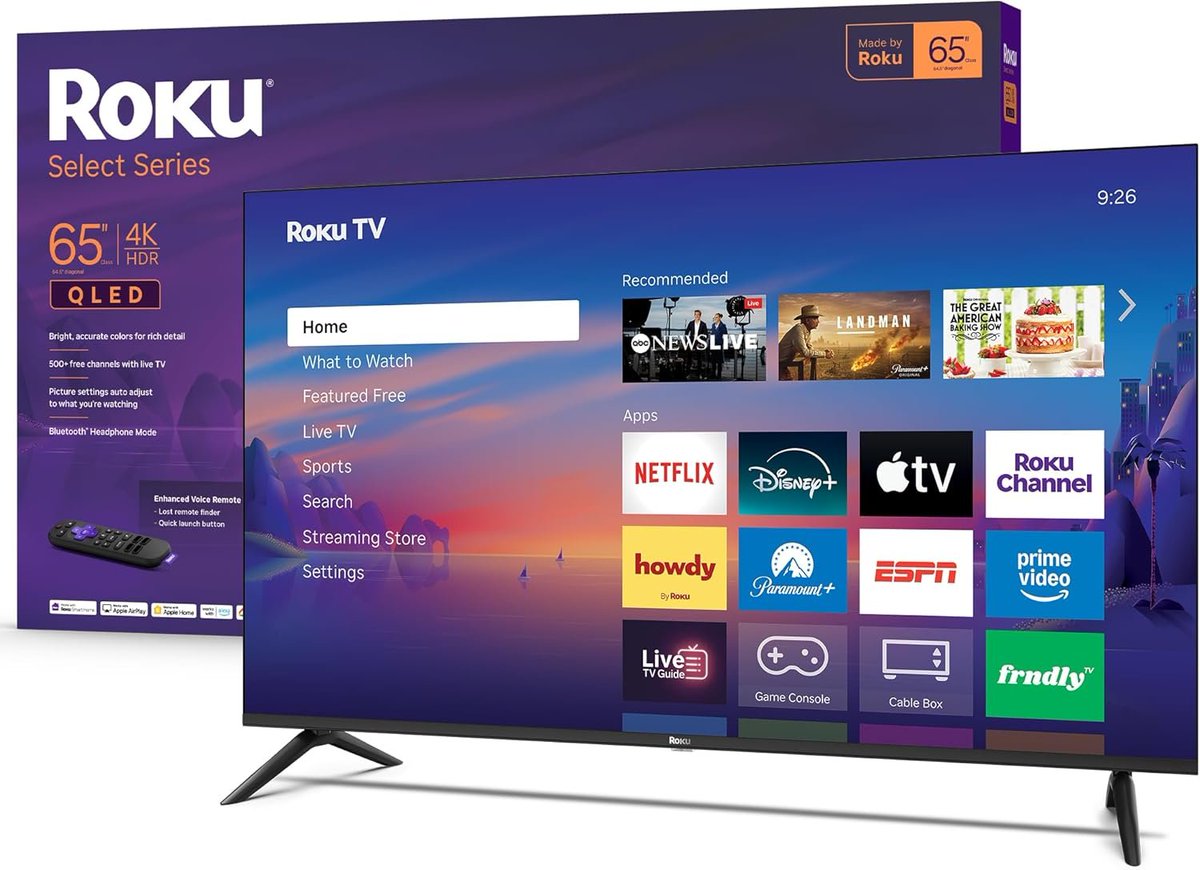 Tech__Deals's tweet photo. 🔥 Roku Smart TV 2026 65” QLED

• 4K QLED picture quality 🌈
• Roku smart TV streaming built-in 📺
• Voice remote included 🗣️
• Bluetooth headphone mode 🎧
• Great for sports, movies &amp; gaming 🎮
$379.99 (was $449.99 — 16% OFF 💰)
🔗 https://t.co/nZg2dYlFsZ https://t.co/bN4kbfYI0M