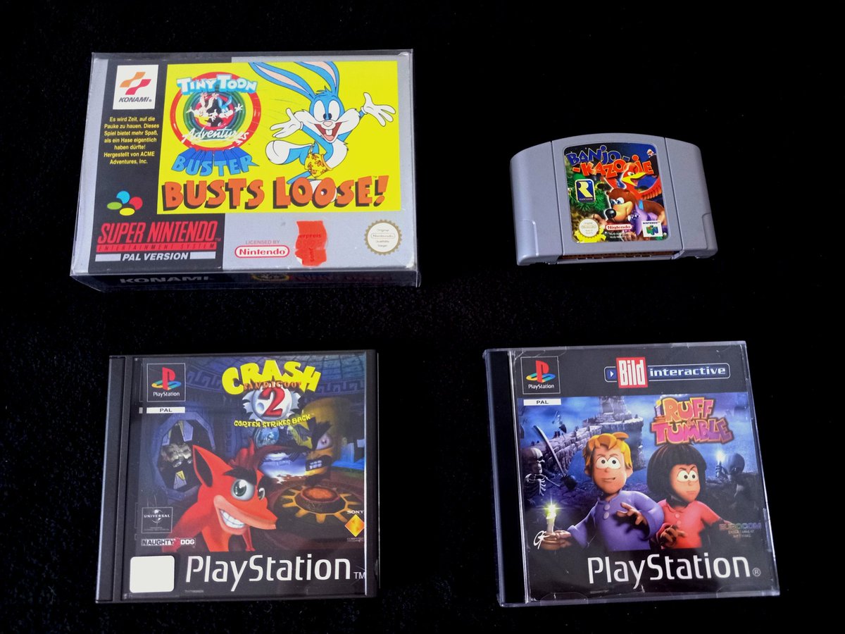 Khalimerus's tweet photo. I bought a bunch of good old platformers recently. 

Banjo and Tiny Toons are some childhood games I want to replay soon. 

Ruff &amp; Tumble (probably better known as 40 Winks) and Crash 2 are two games which I only played the demo versions of. https://t.co/cJcVgM5JTA