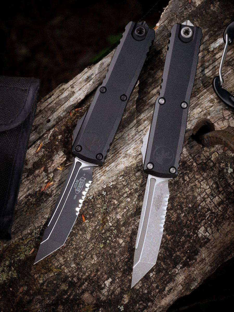 microtechknives's tweet photo. The UTX-85® double-action OTF with tanto, partially serrated blades in black and apocalyptic.

Everything about this knife is iconic, from the textured thumb slide to the reversible pocket clip.

A hallmark model from Microtech®, available now.

SKU: 12334-2T &amp; 12334-11AP https://t.co/ZaoSV3uLUL