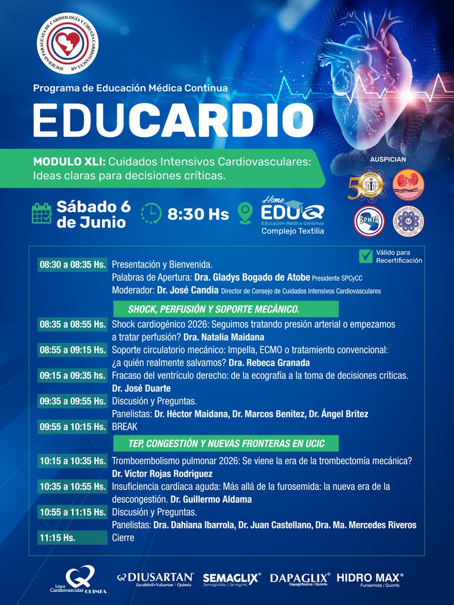 SPCyCC's tweet photo. 🫀 EDUCARDIO - MÓDULO XLI:
🔎Cuidados Intensivos Cardiovasculares: Ideas claras para decisiones críticas.

🗓️ Sábado 06 de junio de 2026

⏰ 08:30hs

📍Home EDUQ, Complejo Textilia, Asunción.

Consultas al WhatsApp 0986 393 991📲 https://t.co/QR7Cm6jQDV