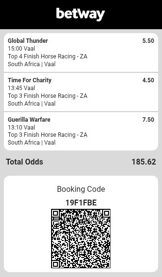 Slaughterrman's tweet photo. Vaal Horse Race 🏇 🏁 National Ticket... Re-tweet for others 

68 odds 👌 
Code 👉👉 19F1F51

80 odds
Code 👉👉 19F1F9F

185 odds
Code 👉👉 19F1FBE https://t.co/CxxnoBaJIK