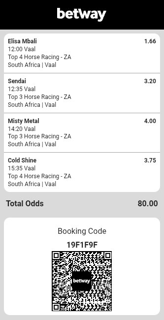 Slaughterrman's tweet photo. Vaal Horse Race 🏇 🏁 National Ticket... Re-tweet for others 

68 odds 👌 
Code 👉👉 19F1F51

80 odds
Code 👉👉 19F1F9F

185 odds
Code 👉👉 19F1FBE https://t.co/CxxnoBaJIK
