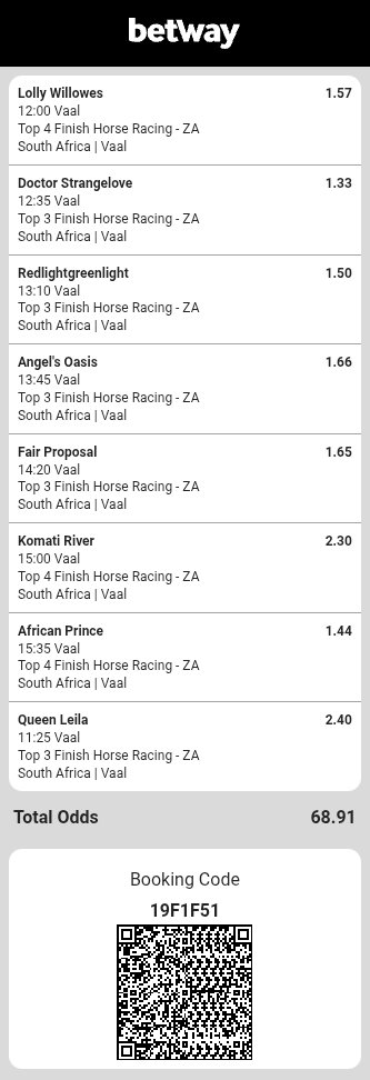 Slaughterrman's tweet photo. Vaal Horse Race 🏇 🏁 National Ticket... Re-tweet for others 

68 odds 👌 
Code 👉👉 19F1F51

80 odds
Code 👉👉 19F1F9F

185 odds
Code 👉👉 19F1FBE https://t.co/CxxnoBaJIK