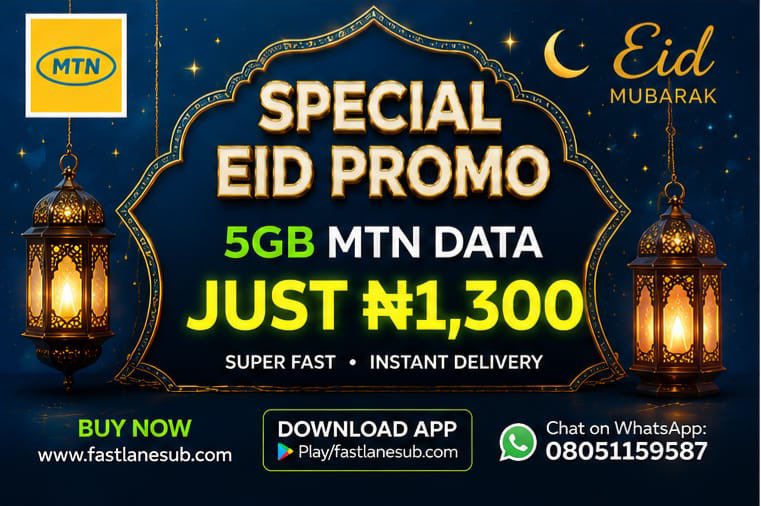 Mrbhadoosky's tweet photo. 🌙✨ **EID MUBARAK! We're Celebrating With You!** ✨🌙

This Eid, we're making it even more special for you and your loved ones! 🎉

📶 **Get 5GB MTN Data for just ₦1,300!**
Yes, you read that right! Super fast, instant delivery — straight to your number the moment you pay. No stress, no waiting, no wahala!

Whether you want to share Eid moments on social media, video call family and friends, or just stay connected during the celebrations — **we've got you covered at the best price!**

🔥 **Why Choose FastLane Sub?**
✅ Instant data delivery
✅ Reliable & trusted platform
✅ Super affordable prices
✅ Easy to use — buy in seconds!
✅ 24/7 availability

Don't let high data prices ruin your Eid vibes! 💚

👉 **Buy now on our website:**
🌐 [https://t.co/mf7mn2gMWW](https://t.co/mf7mn2gMWW)

📱 **Download our app on Google Play Store for even faster access:**
[https://t.co/yk3xgA1yR0)

💬 **Chat with us on WhatsApp: 08051159587**

⏳ *This is a limited Eid special — grab it before it's gone!*

**FastLane Sub — Your Fastest Route to Affordable Data!** 🚀