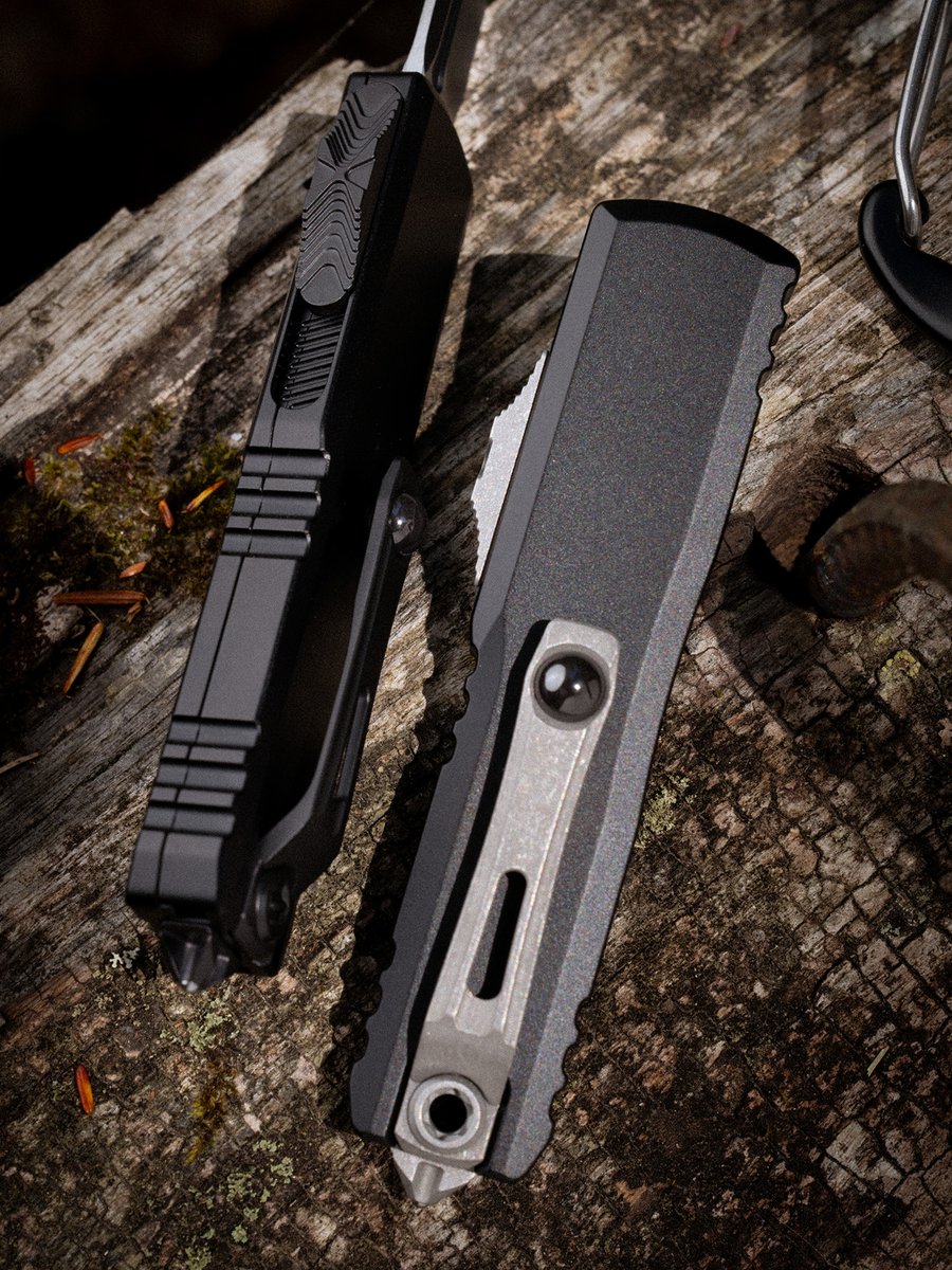 microtechknives's tweet photo. The UTX-85® double-action OTF with tanto, partially serrated blades in black and apocalyptic.

Everything about this knife is iconic, from the textured thumb slide to the reversible pocket clip.

A hallmark model from Microtech®, available now.

SKU: 12334-2T &amp; 12334-11AP https://t.co/ZaoSV3uLUL