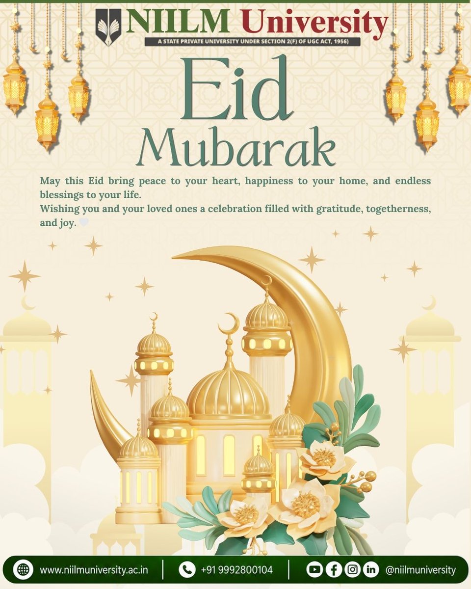NIILMUniversity's tweet photo. Eid reminds us of the values that truly matter — peace, gratitude, kindness, and togetherness. 

#NIILMUniversity wishes everyone a joyful and blessed Eid Mubarak filled with happiness, prosperity, and countless blessings. 🤍

#EidMubarak #FestiveGreetings #Peace #Celebration https://t.co/TBFhAGkiUp