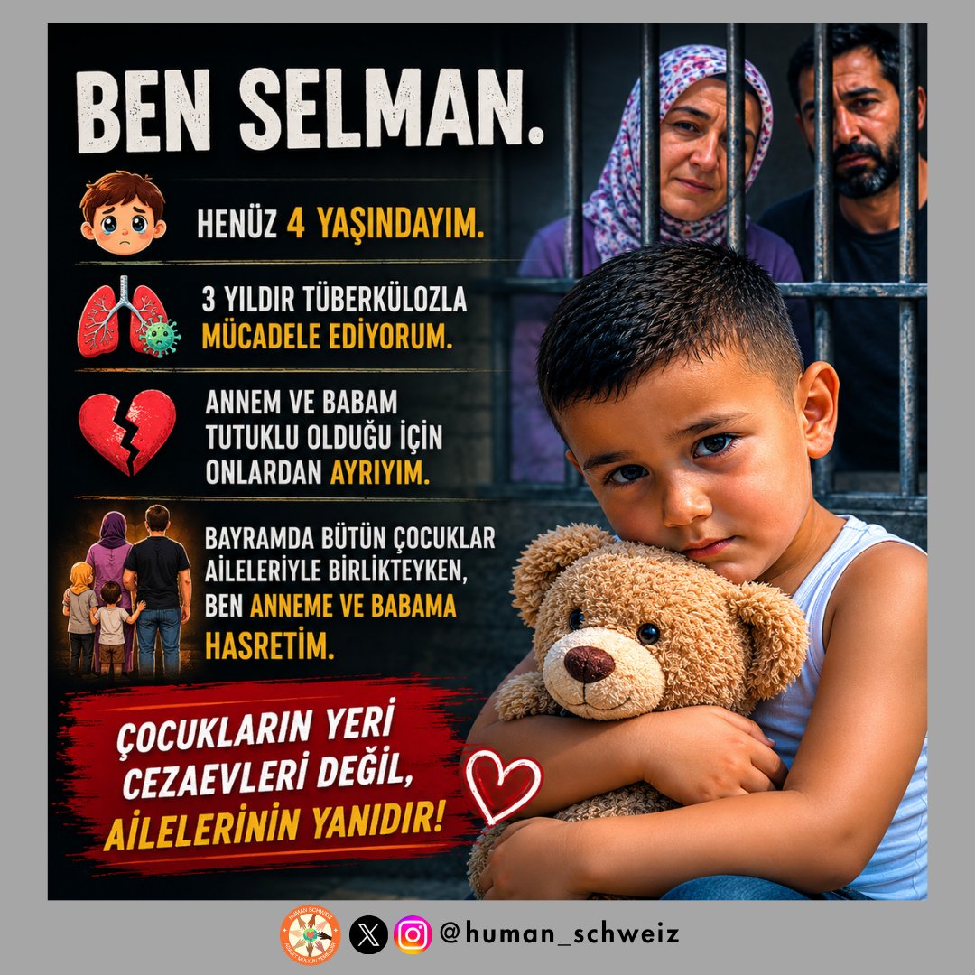 human_schweiz's tweet photo. Bayramdaİhsana AnnesiniVerin

4 yaşındaki Selman, yıllardır hastalıkla mücadele ederken bir yandan da anne ve baba hasretiyle büyüyor. Bayramın en ağır tarafı ise, ailesine sarılamadan geçirmek zorunda kalması. Hiçbir çocuk bayramlarda ailesinden ayrı kalmamalıdır.

@adalet_bakanlik
@ADLITIPKURUMU
@herkesicinCHP
@SaadetPartisi