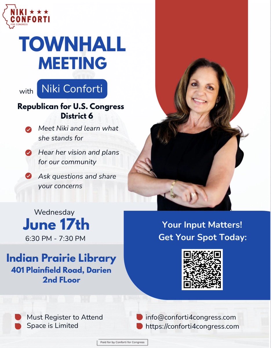 WinWithConforti's tweet photo. Come out and Meet Niki at our first in-person Town Hall!

Hear her vision for the 6th District and share your concerns. 

Indian Prairie Library
Wed, June 17th 
6:30p-7:30p

Registration is required.￼

https://t.co/9p8Vvkv5JY https://t.co/rLIsdT3jpu