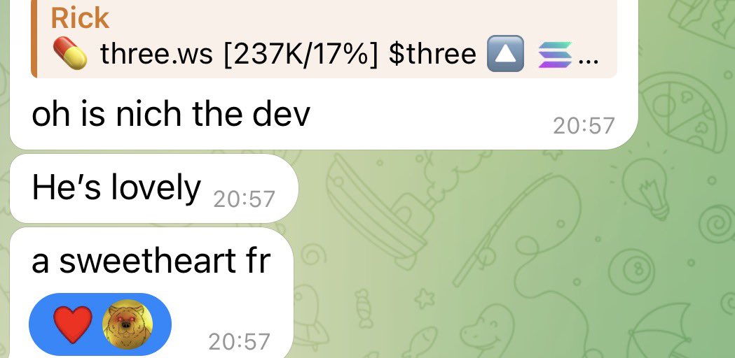 crypt_stalker's tweet photo. How people talk about @nichxbt in private groups on telgram

Big congrats to him and what he is doing.

This is the type of devs i want to fully support 🫡

Keep building $three 

LFG Nich 🤜🤛 https://t.co/qc48iV6f9N