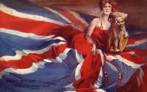 Empireaesth's tweet photo. “Flags of the Nations! Great Britain” ‘Modern’ Lady Britannia seated on top of a Union Flag with a lion sculpture (1906) https://t.co/SvqsiEYWA1