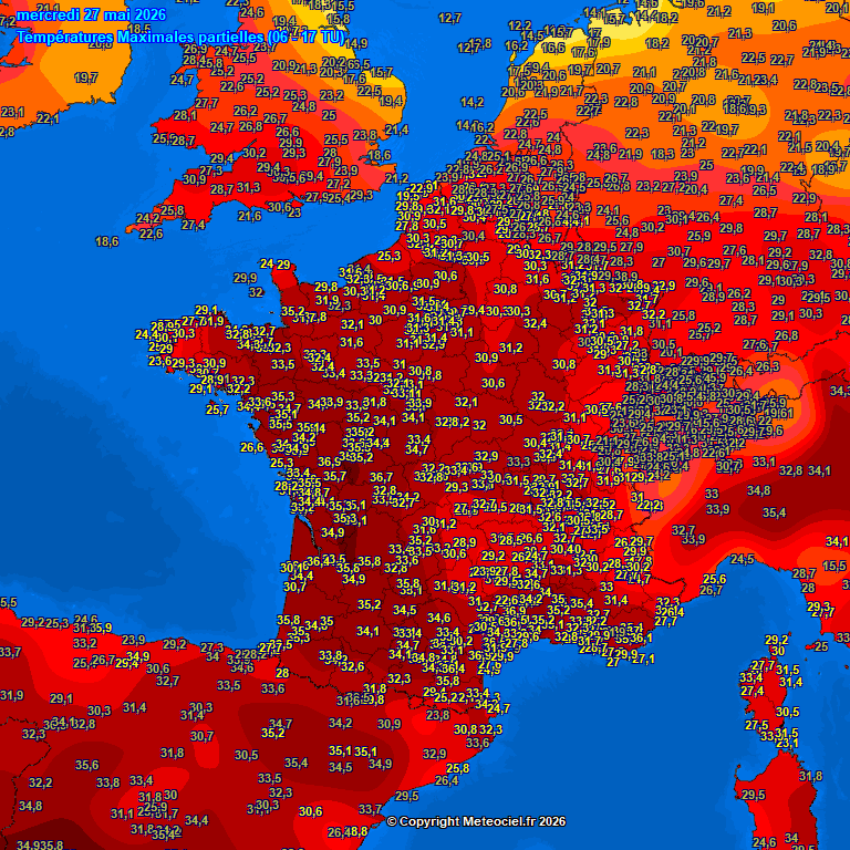 meteociel's tweet photo. C'est désormais un peu plus au sud du Pays près de la méditerranée que les #records de #chaleur ont été battus ce 27 mai ainsi que dans l'ouest.
192 records battus dont certaines ouvertes en 1920
36.4°C à Bordeaux (33)
36.4°C à Carcassonne (11) 
36.1°C au Luc (83)
35.8°C à Bergerac (24)
35.7°C à Niort (79)
35.3°C à Cognac (16)
35.2°C à Agen (47), Poitiers (86), Avignon (84) et Nîmes - Courbessac (30)