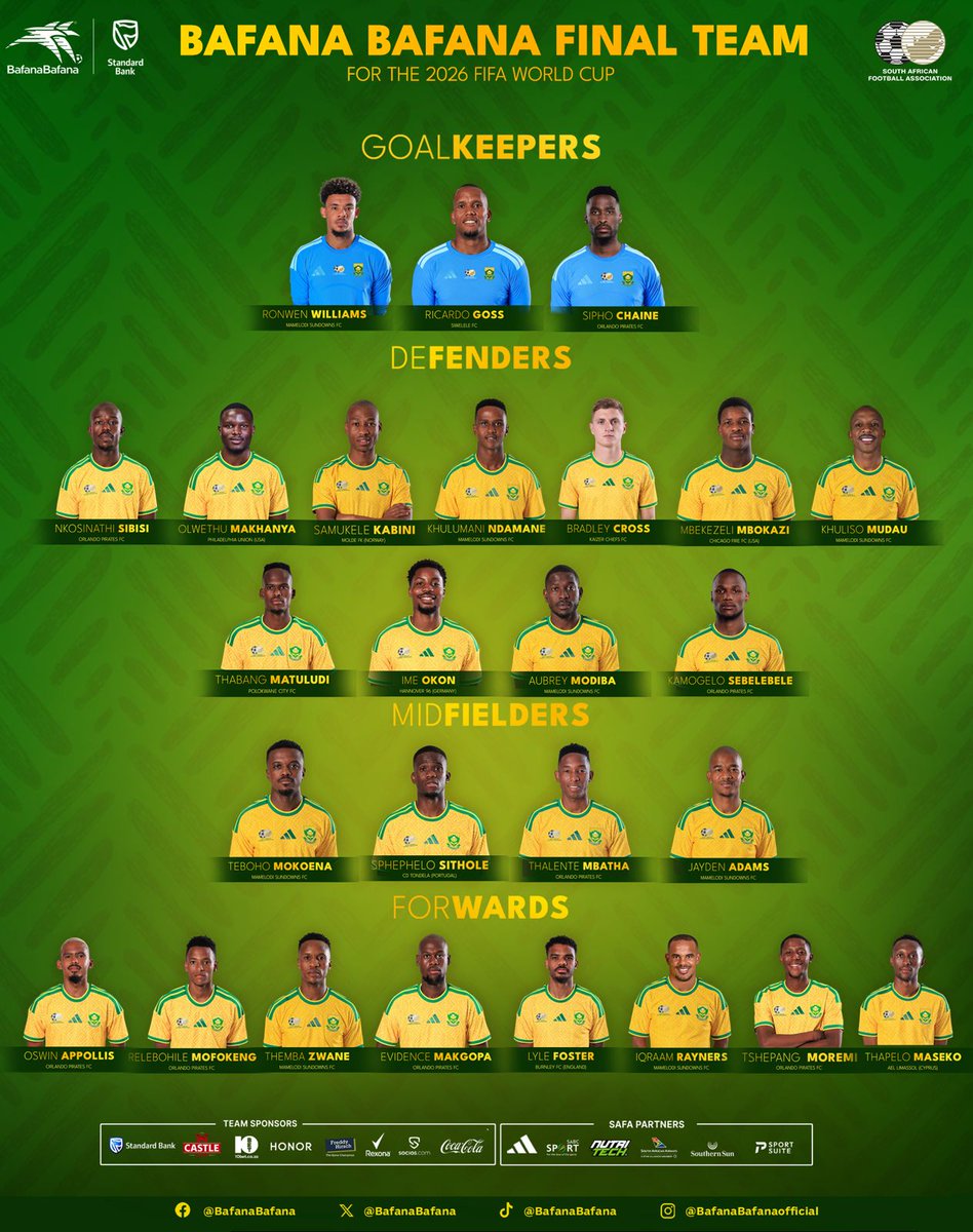 blackmluja's tweet photo. The final Bafana Bafana 🇿🇦🔥 2026 FIFA World Cup squad

#BafanaPride https://t.co/fMwVGCuz8c