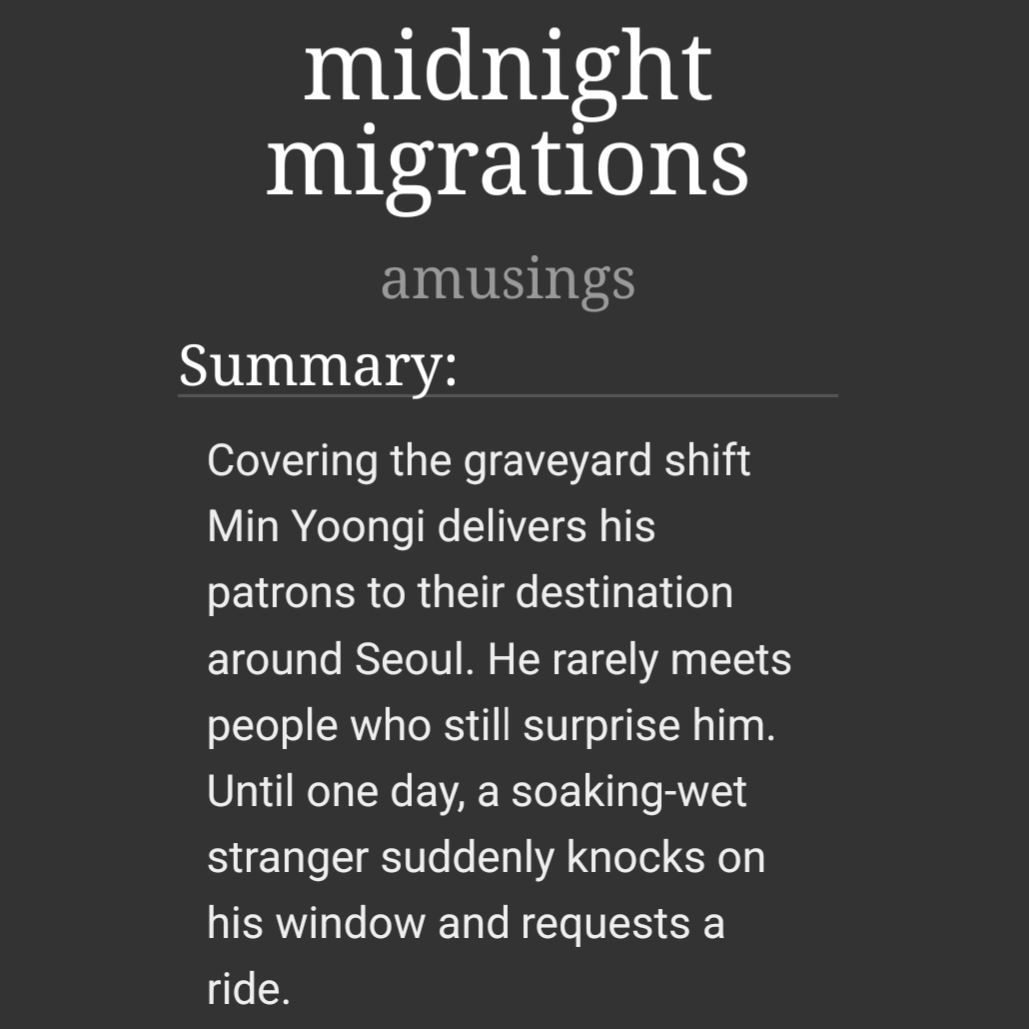 unsoars's tweet photo. midnight migrations
˚⟡˖ yoonjin  
˚⟡˖ 10.0k, T  
˚⟡˖ strangers to friends to- 
˚⟡˖ Min Yoongi is a taxi driver, and Kim Seokjin needs a pick-me-up
https://t.co/mTl97mZBt1 https://t.co/OahKbJB976