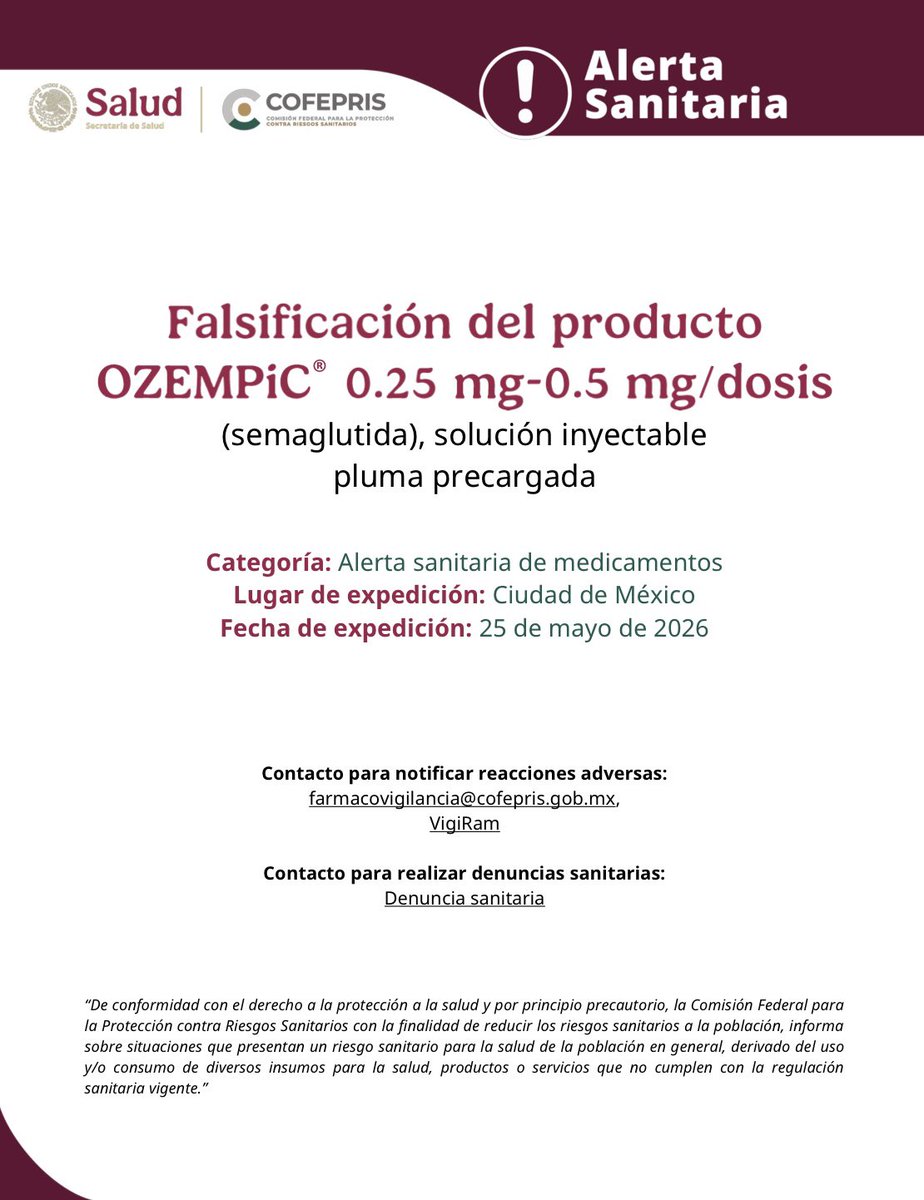 SSZ_Zac's tweet photo. 🚨 Alerta sanitaria: Falsificación del producto OZEMPiC®️ 0.25 mg-0.5 mg/dosis (semaglutida), solución inyectable pluma precargada.

#SaludZac #AñoDelProgreso https://t.co/7lWgMJqXrG