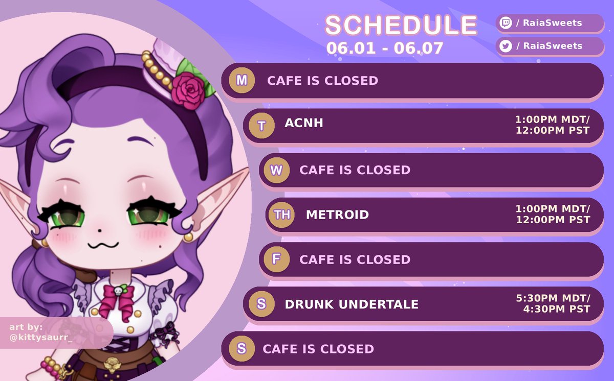 RaiaSweets's tweet photo. Here's the after debut schedule!! So excited to just enjoy streams with the new model, I can't believe the stress is finally over 😭 See you on Tues for some cozy Animal Crossing!!! https://t.co/C2xu0k1oXQ