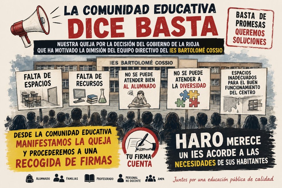 FAPARioja's tweet photo. En el IES BARTOLMÉ COSSÍO de Haro la comunidad educativa dice basta.

¿Me echáis una mano moviendo y firmando esta petición?
https://t.co/6plZxopiOO https://t.co/G3GC4xBkYP